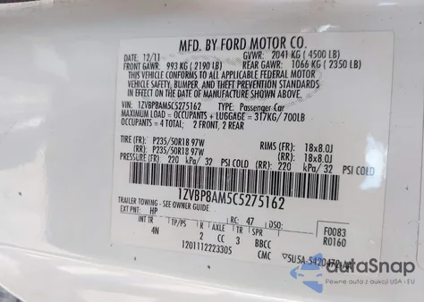 2012 Ford Mustang V6 Premium z USA, uszkodzony, nr VIN 1ZVBP8AM5C5275162